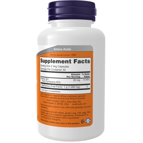NOW Foods, L-Methionine 500mg, pentru pentru detoxifiere și susținerea sănătății ficatului