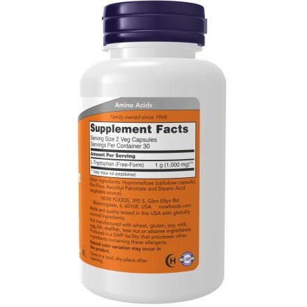 NOW Foods, L-Tryptophan 500mg - 60 Capsule vegetale NOW Foods, L-Tryptophan 500mg, pentru pentru susținerea somnului și îmbunătățirea stării de bine