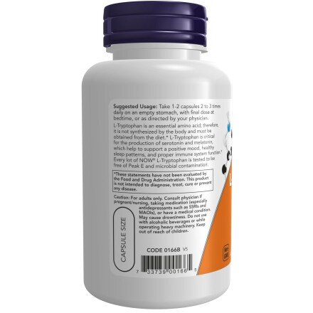 NOW Foods, L-Tryptophan 500mg - 60 Capsule vegetale NOW Foods, L-Tryptophan 500mg, pentru pentru susținerea somnului și îmbunătățirea stării de bine