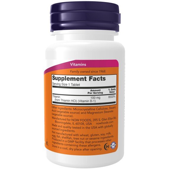 NOW Foods, Vitamina B-1 (Tiamina) 100mg, pentru pentru susținerea metabolismului energetic și sănătatea sistemului nervos