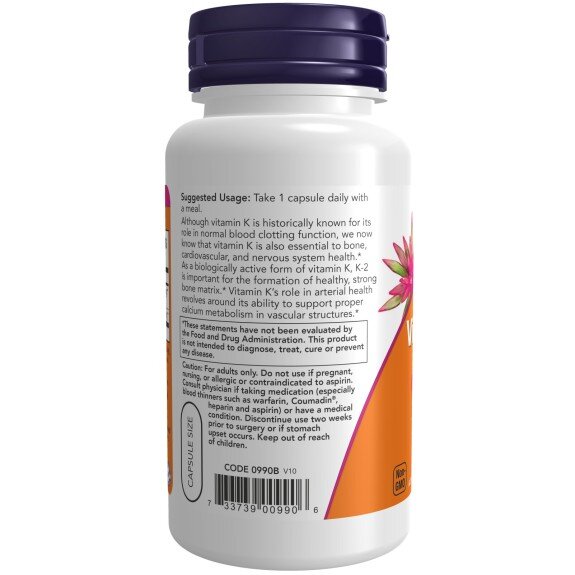 NOW Foods, Vitamina K-2 100mcg, pentru pentru susținerea sănătății oaselor și a sistemului cardiovascular
