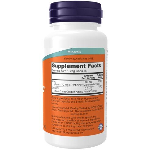 NOW Foods, Foods L-OptiZinc 30 mg - 100 Capsule vegetale NOW Foods, L-OptiZinc 30 mg, pentru pentru susținerea sănătății pielii și sistemului imunitar