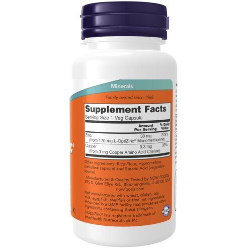 NOW Foods, Foods L-OptiZinc 30 mg - 100 Capsule vegetale NOW Foods, L-OptiZinc 30 mg, pentru pentru susținerea sănătății pielii și sistemului imunitar