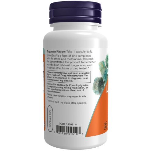 NOW Foods, Foods L-OptiZinc 30 mg - 100 Capsule vegetale NOW Foods, L-OptiZinc 30 mg, pentru pentru susținerea sănătății pielii și sistemului imunitar