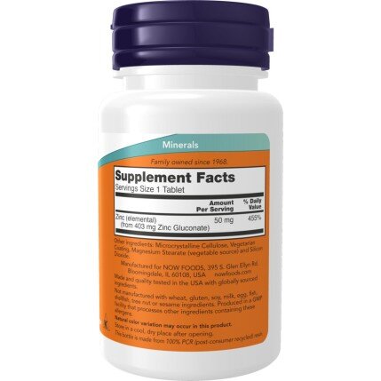 NOW Foods, Zinc Gluconat 50mg - 100 Tablete NOW Foods, Zinc Gluconat 50mg, pentru pentru susținerea imunității și sănătatea pielii
