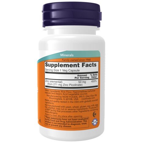 NOW Foods, Foods Zinc picolinat 50mg NOW Foods, Zinc Picolinat 50mg, pentru pentru susținerea imunității și sănătatea pielii