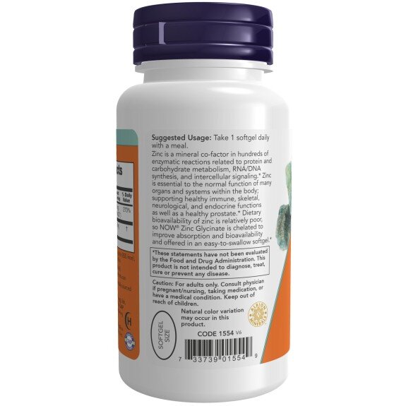 NOW Foods, Zinc Glycinate, pentru pentru susținerea imunității și sănătatea pielii