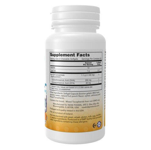 NOW Foods, DHA Kids (Omega-3) - 60 Gelule masticabile NOW Foods, DHA Kids, Omega-3 pentru pentru susținerea dezvoltării creierului și sănătatea oculară la copii