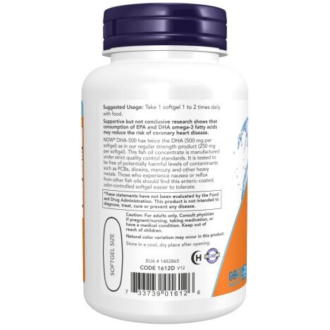 NOW Foods, DHA 500mg (Omega-3) - 90 Softgels NOW Foods, DHA 500mg, Omega-3 pentru pentru susținerea sănătății cardiovasculare și a funcției cognitive