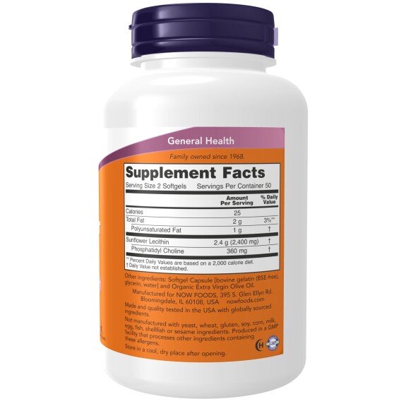 NOW Foods, Lecitina din Floarea Soarelui 1200mg, pentru pentru sprijinul sănătății cerebrale și metabolizarea grăsimilor