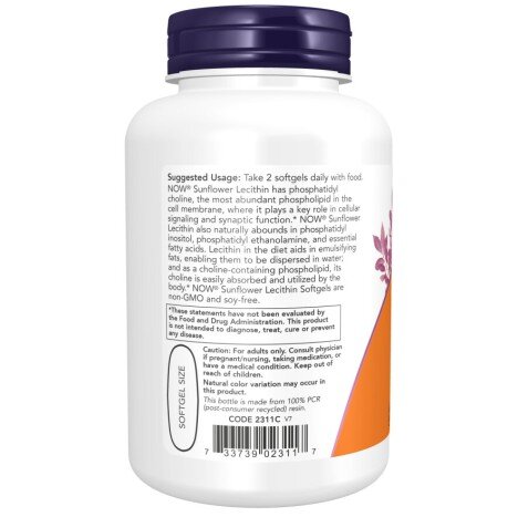 NOW Foods, Lecitina din Floarea Soarelui 1200mg - 100 Gelule NOW Foods, Lecitina din Floarea Soarelui 1200mg, pentru pentru sprijinul sănătății cerebrale și metabolizarea grăsimilor