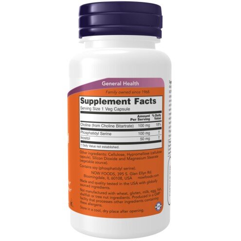 NOW Foods, Phosphatidyl Serine 100mg - 60 Capsule vegetale NOW Foods, Phosphatidyl Serine 100mg, pentru pentru susținerea sănătății cognitive și a funcțiilor mentale