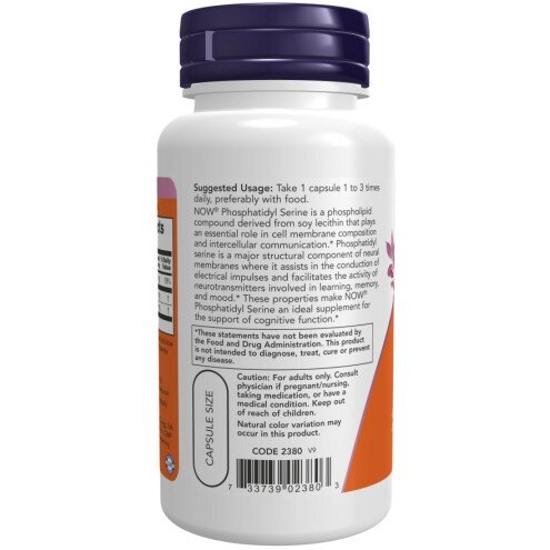 NOW Foods, Phosphatidyl Serine 100mg - 60 Capsule vegetale NOW Foods, Phosphatidyl Serine 100mg, pentru pentru susținerea sănătății cognitive și a funcțiilor mentale