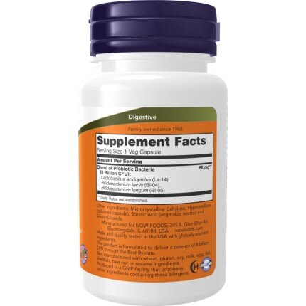 NOW Foods, Acidophilus & Bifidus 8 Billion - 60 Capsule vegetale NOW Foods, Acidophilus & Bifidus 8 Billion, pentru pentru susținerea sănătății intestinale și echilibrul florei intestinale