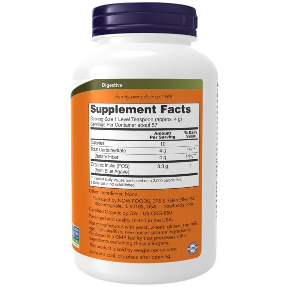 NOW Foods, Inulina - 227g NOW Foods, Inulina, pentru pentru susținerea digestiei și echilibrul florei intestinale