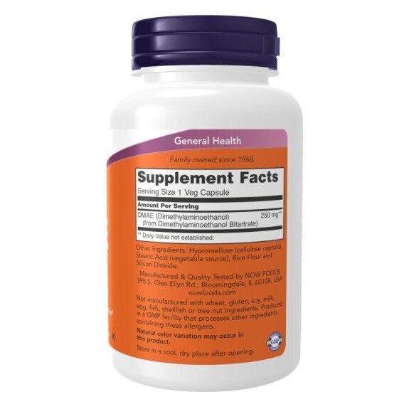 NOW Foods, DMAE 250mg - 100 Capsule vegetale NOW Foods, DMAE 250mg, pentru pentru susținerea sănătății cognitive și îmbunătățirea stării de bine