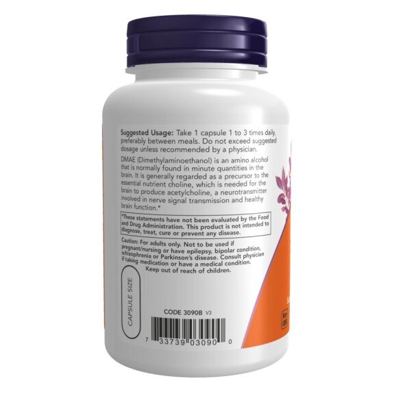NOW Foods, DMAE 250mg - 100 Capsule vegetale NOW Foods, DMAE 250mg, pentru pentru susținerea sănătății cognitive și îmbunătățirea stării de bine