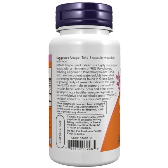 NOW Foods, Grape Seed, Extract din Seminte de Struguri 100mg - 100 Capsule vegetale