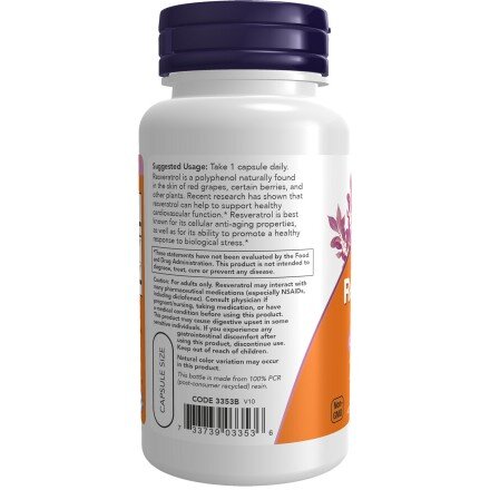 NOW Foods, Natural Resveratrol 200mg - 60 Capsule NOW Foods, Natural Resveratrol 200mg, pentru pentru protecția antioxidantă și susținerea sănătății cardiovasculare