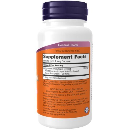 NOW Foods, Resveratrol FORTE 350mg NOW Foods, Resveratrol FORTE 350mg, pentru pentru protecția antioxidantă și sănătatea cardiovasculară