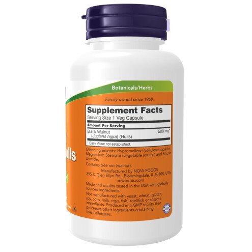 NOW Foods, Black Walnut Hulls 500mg - 100 Capsule vegetale NOW Foods, Black Walnut Hulls 500mg, pentru pentru susținerea sănătății digestive și protecția intestinală