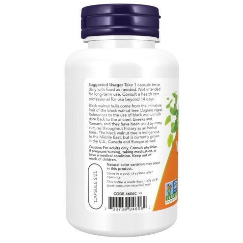NOW Foods, Black Walnut Hulls 500mg - 100 Capsule vegetale NOW Foods, Black Walnut Hulls 500mg, pentru pentru susținerea sănătății digestive și protecția intestinală