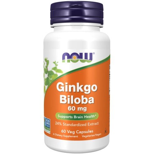 NOW Foods, Ginkgo Biloba 60mg - 60 Capsule NOW Foods, Ginkgo Biloba 60mg, pentru pentru susținerea sănătății cognitive și a circulației cerebrale