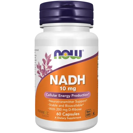 NOW Foods, Foods NADH 10 mg with 200 mg D-Ribose - 60 Capsule vegetale NOW Foods, NADH 10 mg with 200 mg D-Ribose, pentru pentru creșterea energiei și susținerea performanței fizice