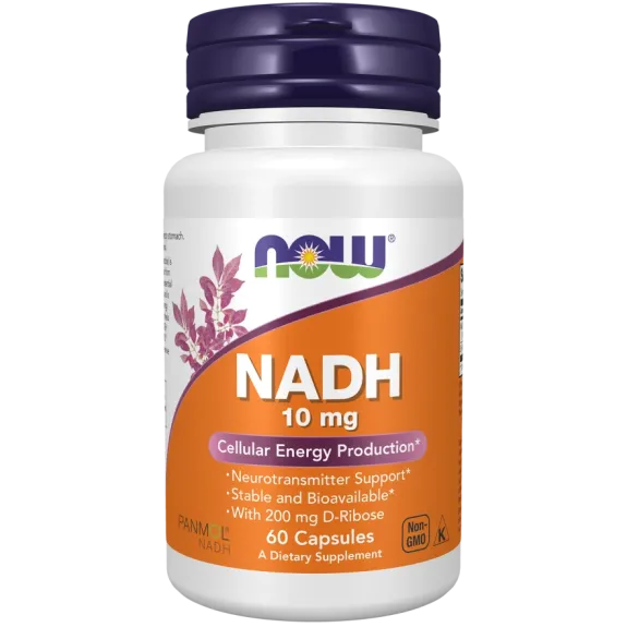 NOW Foods, Foods NADH 10 mg with 200 mg D-Ribose - 60 Capsule vegetale NOW Foods, NADH 10 mg with 200 mg D-Ribose, pentru pentru creșterea energiei și susținerea performanței fizice