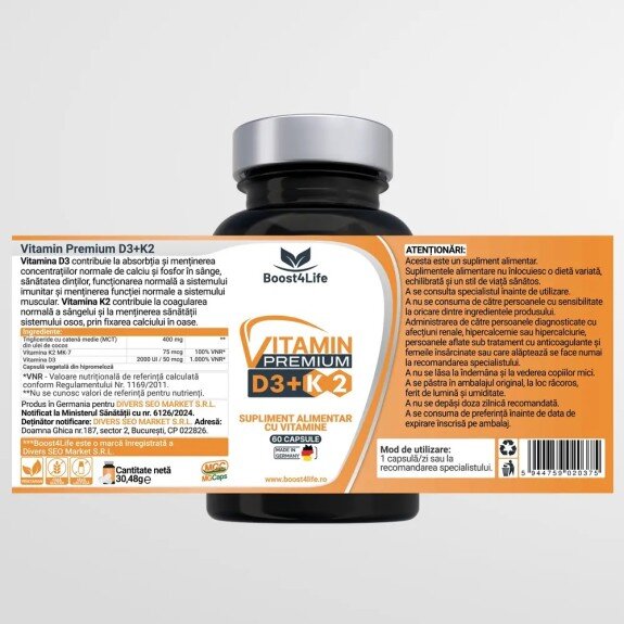 Vitamina D3 + K2 Premium Boost4Life – 60 capsule moi