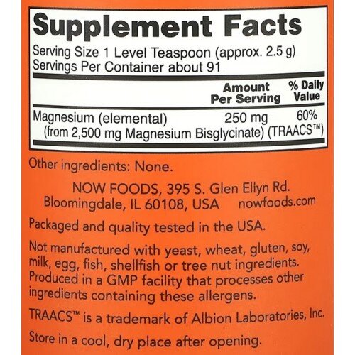 Pulbere fără aromă pentru amestec în băuturi sau shake-uri NOW Foods Magneziu Bisglycinate Powder