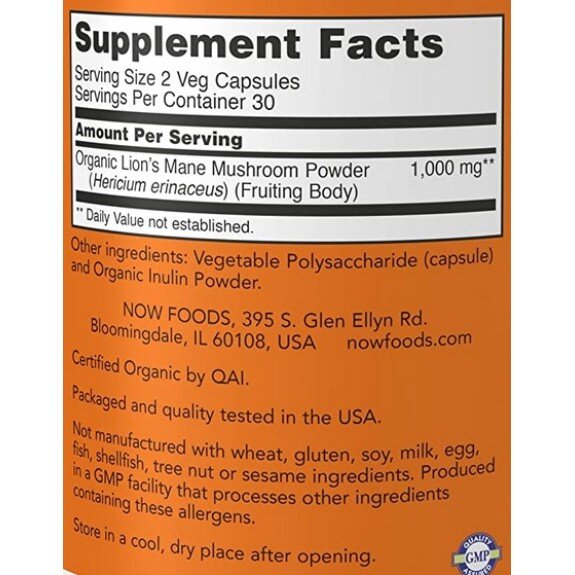 NOW Foods, Lion's Mane 500mg, pentru pentru susținerea sănătății cognitive și a funcțiilor mentale