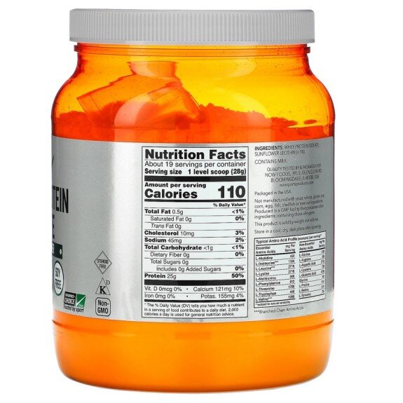 NOW Foods, Whey Protein Isolate 544g Unflavored, pentru pentru susținerea masei musculare și recuperare post-antrenament