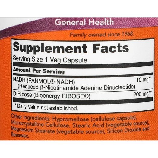 NOW Foods, Foods NADH 10 mg with 200 mg D-Ribose - 60 Capsule vegetale NOW Foods, NADH 10 mg with 200 mg D-Ribose, pentru pentru creșterea energiei și susținerea performanței fizice