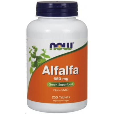 NOW Alfalfa Non-GMO 650mg (Lucerna), Super hrana verde - 250 Tablete