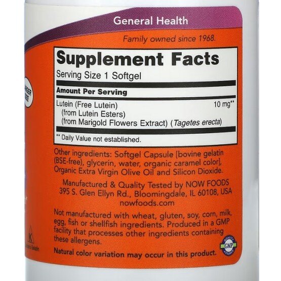 NOW Foods, Luteina 10mg - 60 Gelule NOW Foods, Luteina 10mg, pentru pentru protecția oculară și susținerea sănătății vederii