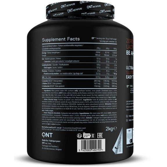 QNT Sport, METAPURE ZERO Isolate Whey Protein - 2kg (Belgian Chocolate)