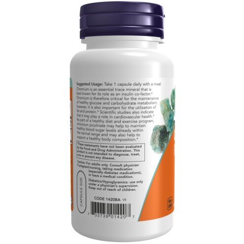 NOW Foods, Crom Picolinat 200mcg - 100 Capsule vegetale NOW Foods, Crom Picolinat 200mcg, pentru pentru susținerea metabolismului glucidic și a nivelului de zahăr din sânge