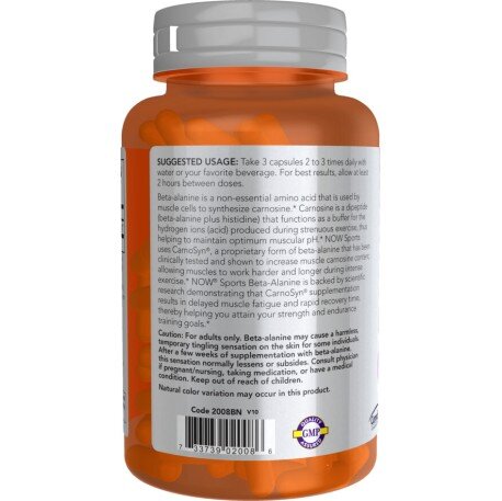 NOW Foods, Beta-Alanina 750mg, pentru pentru creșterea performanței fizice și reducerea oboselii musculare