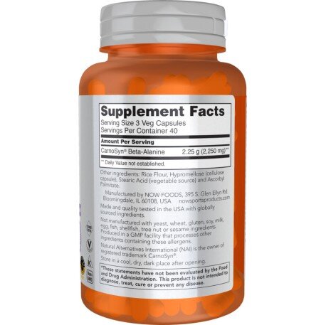 NOW Foods, Beta-Alanina 750mg, pentru pentru creșterea performanței fizice și reducerea oboselii musculare