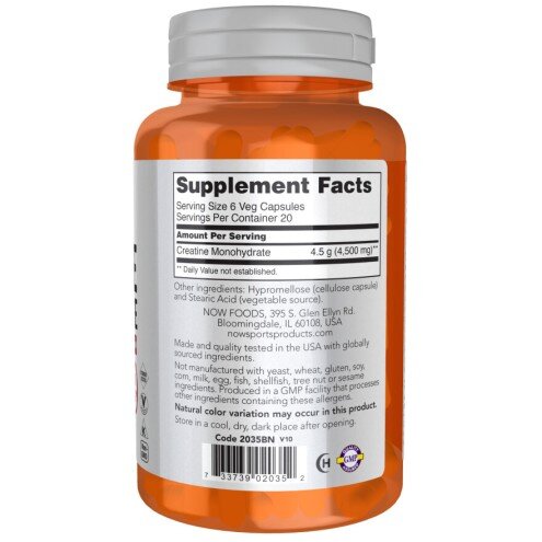 NOW Foods, Creatina Monohidrata 750 mg - 120 Capsule vegetale NOW Foods, Creatina Monohidrata 750mg, pentru pentru creșterea masei musculare și îmbunătățirea performanței fizice