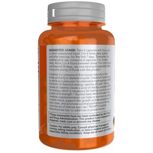 NOW Foods, Creatina Monohidrata 750 mg - 120 Capsule vegetale NOW Foods, Creatina Monohidrata 750mg, pentru pentru creșterea masei musculare și îmbunătățirea performanței fizice