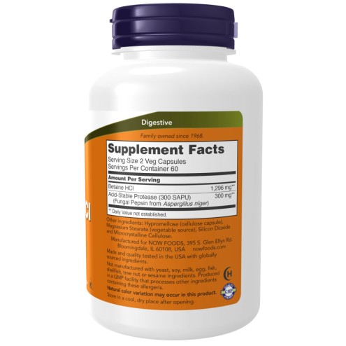 NOW Foods, Betaina HCI 648mg - 120 Capsule vegetale NOW Foods, Betaina HCI 648mg, pentru pentru susținerea digestiei și echilibrarea acidității stomacale