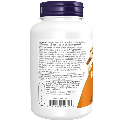 NOW Foods, Betaina HCI 648mg - 120 Capsule vegetale NOW Foods, Betaina HCI 648mg, pentru pentru susținerea digestiei și echilibrarea acidității stomacale