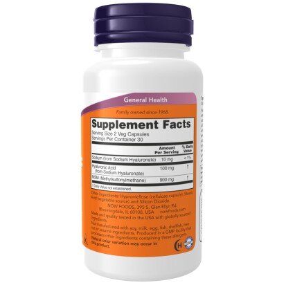 NOW Foods, Acid Hialuronic 50mg cu MSM- 60 Capsule vegetale NOW Foods, Acid Hialuronic 50mg cu MSM, pentru pentru hidratarea pielii și susținerea sănătății articulare