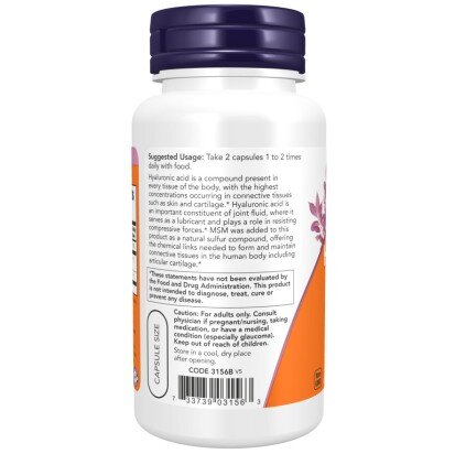 NOW Foods, Acid Hialuronic 50mg cu MSM- 60 Capsule vegetale NOW Foods, Acid Hialuronic 50mg cu MSM, pentru pentru hidratarea pielii și susținerea sănătății articulare