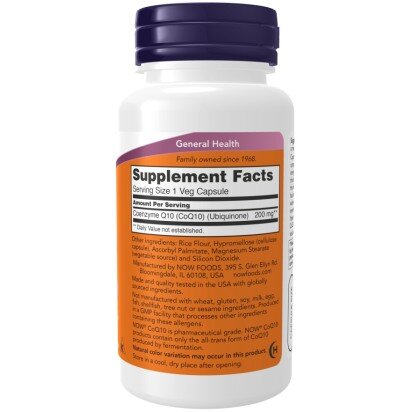 NOW Foods, Coenzima Q10 200mg - 60 Capsule NOW Foods, Coenzima Q10 200mg, pentru pentru susținerea sănătății cardiovasculare și a energiei celulare