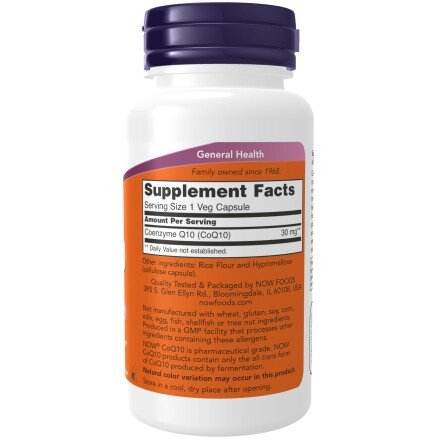 NOW Foods, Coenzima Q10 30mg - 60 Capsule NOW Foods, Coenzima Q10 30mg, pentru pentru susținerea sănătății cardiovasculare și a energiei celulare