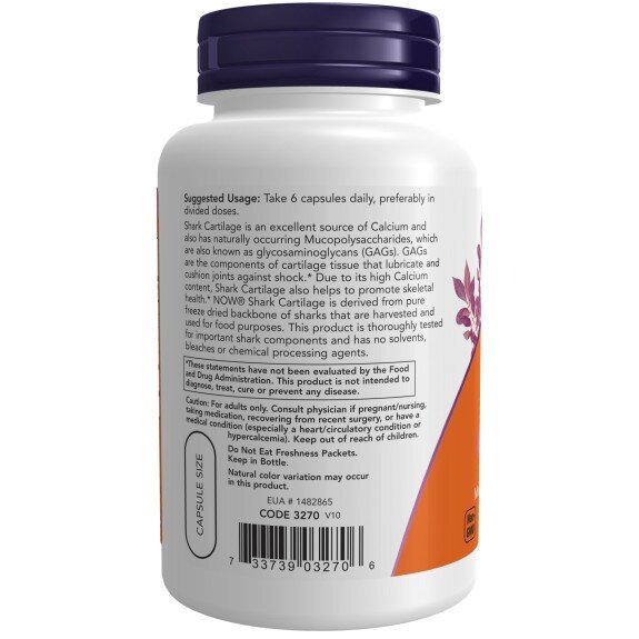 NOW Foods, Cartilagiu de Rechin 750mg, pentru pentru susținerea sănătății articulare și regenerarea cartilajelor