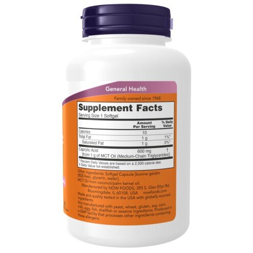 NOW Foods, Acid Caprilic 600mg, pentru pentru susținerea sănătății digestive și protecția sistemului imunitar